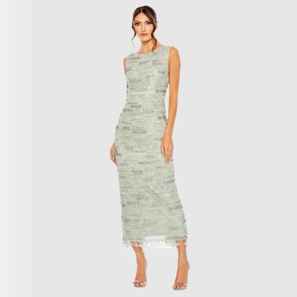 Mac Duggal 93834 Sleeveless Crystal Fringe Column Dress - Sage Green - 2 - NWT